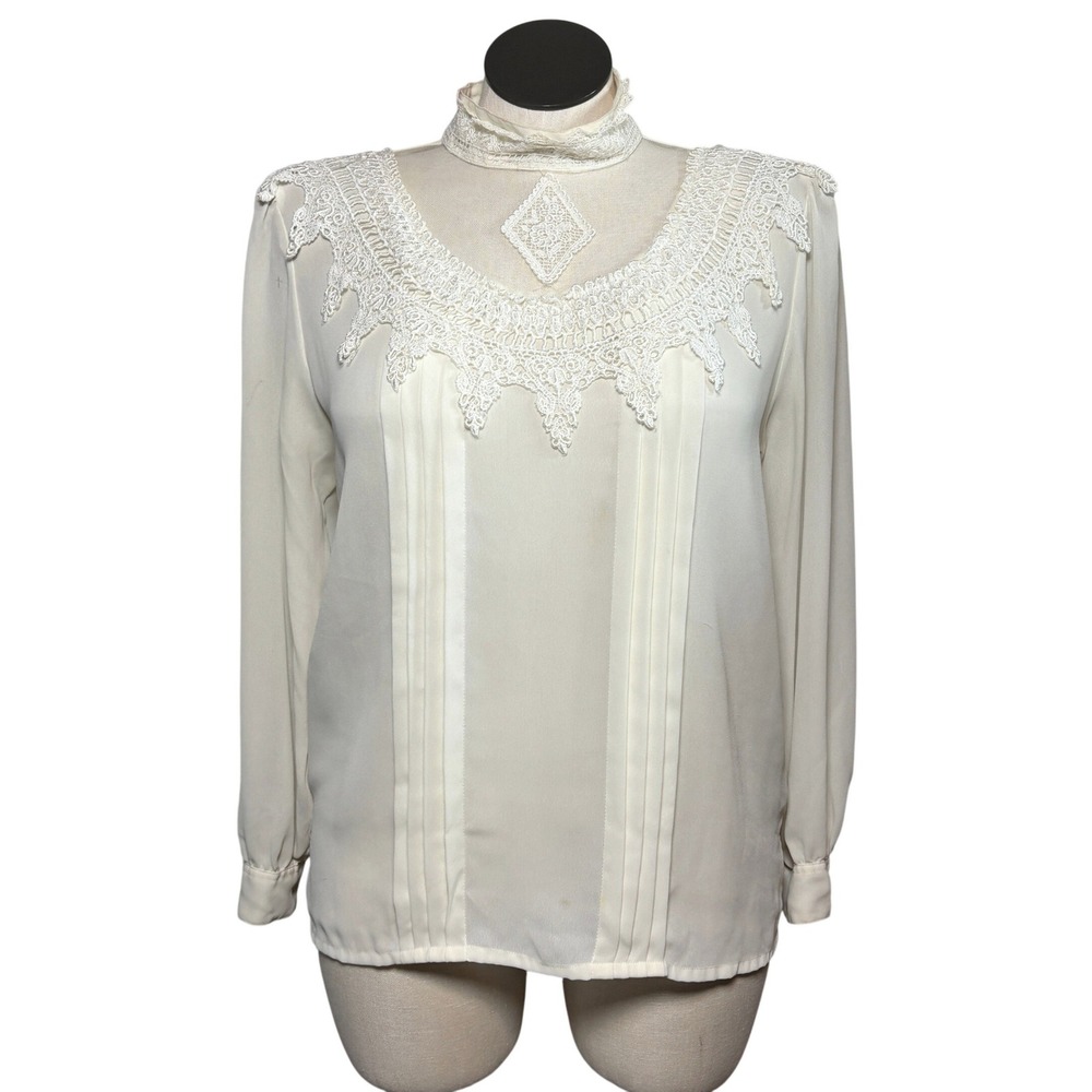 Laura & Jayne Womens Vtg 1980s Ivory Blouse Victorian Lace Pintuck 14 Cream